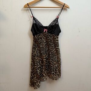 Rampage Leopard Print Babydoll Slip Dress with Black Lace S